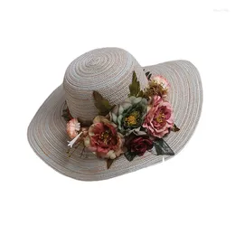 Wide Brim Hats Large Peony Summer Beach Cap For Women Paper Straw Foldable Breathable Sun Bucket Hat Flower Panama Sombrero