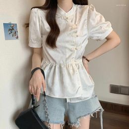 Women's Blouses Miiiix 2024 Summer Unique Design Shirt Chinese Button Waist Stand Up Neck Bubble Sleeve Top Female Clothing