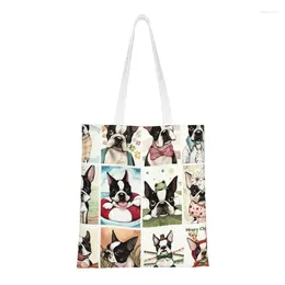 Shopping Bags Custom Boston Terrier Cute Dog Pattern Canvas Bag Women Recycling Groceries Tote Shopper