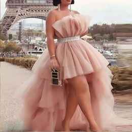 Strapless High Prom Chic Low Dresses Beaded Sashes Short Front Long Back Nude-Pink Tulle Girl Party Graduation Dress Tiered Evening Gowns Special Ocn Wear