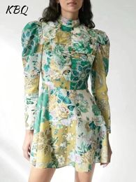 Casual Dresses KBQ Printing Colorblock Mini Dress For Women Stand Collar Long Sleeve High Waist Spliced Zipper A Line Folds Female