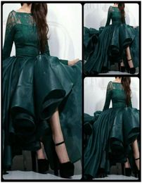 Saudi Arabia Green Evening Dress Sheer Long Sleeve Myriam Fares Celebrity Gown Prom Party Dress Puffy High Low Formal Gown6437796