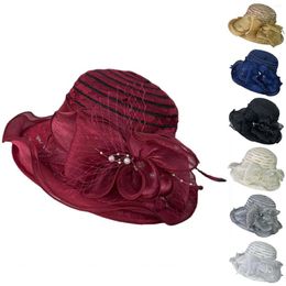 Wide Brim Hats Ladies's French Style Bucket Floral Mesh Pearl Beach Sun Anti-UV Visor Netted Casual Flat Caps