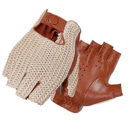 Men's Wool Knitted Goatskin Locomotive Touch Screen Gloves Half finger Car Driving Genuine Leather Motorcycle Autumn