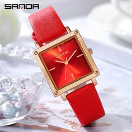Wristwatches SANDA Women Square Sport Watches Fashion Leather Strap Analogue Quartz Wristwatch Big Dial Vintage Elegant Ladies Watch Reloj