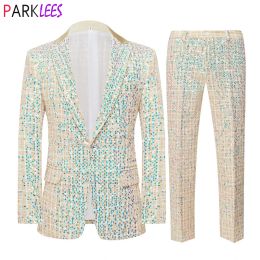 Suits Stylish Tweed Sequins 2pcs Suits Set Men Stage Prom Singer Glitter Suits with Pants Mens Wedding Groom Tuxedo Suit Costume Homme