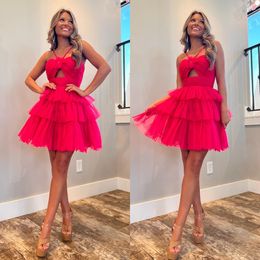 Cute fuchsia cocktail Dresses keyhole straps short prom Dress tiered skirt Mini Party Gowns a line homecoming graduation dress