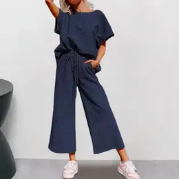 Women's Two Piece Pants Women Loose Fit Suit Title Casual Two-piece Set With Short Sleeves Drawstring Waist Side Pockets Solid For Comfort