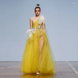 Casual Dresses Bright Yellow See Thru One Shoulder Long Gows 3D Flower A-line Women Split Party Dress