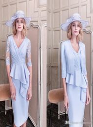 Light Blue Lace Mother Of The Bride Dresses With Jacket Appliqued Evening Gowns V Neck Sheath Wedding Guest Dress4880621