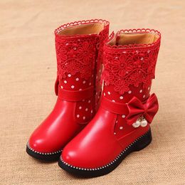 Boots 2024 Autumn Winter Girls Children Leather Shoes Fashion Princess Thickening Girl Red Bow Snow EUR27-36