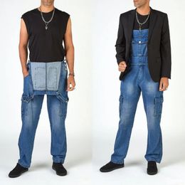 Mens Multi-Pocket Denim Romper Ripped Cargo Denim Trousers Autumn Fashion Jeans Mens Workwear Straight Strap Jeans 240410