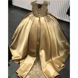 Flower Gold Dress Crystal Girls Pageant Dresses Ball Gown Beaded Toddler Infant Clothes Little Kids Birthday Gowns Bc14239 Es S