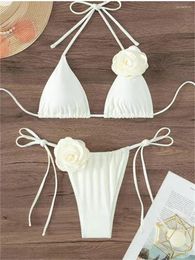 Women's Swimwear Sexy 3D Flower White String Halter Bikinis 2024 Mujer Women Swimsuits Bathing Suit Brazilian Triangle Bikini Set Bather