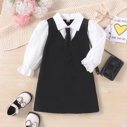 Girl Dresses Toddler Fall Dress Preppy Turndown Collar Long Sleeve Lapel Uniform A-Line With Tie