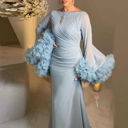 Mermaid Prom Sky Blue Light Dresses Trumpet Flare Sleeves with Rumbles Saudied Aguty Long Engant Salial Donsals Robe de Soiree Chiffon Party Dress