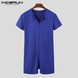 Men Pajamas Rompers Solid V Neck Zipper Fitness Short Sleeve Cozy Homewear Playsuits Leisure Jumpsuit Sleepwear INCERUN 7 240428