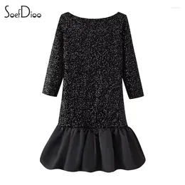 Casual Dresses Soefdioo Sequin Shiny Patchwork Ruffles Hem Midi Mini Dress Women Sexy Backless Long Sleeve Body-Shaping Robe 2024 Clubwear