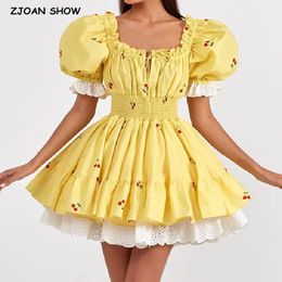 2024 Princess Yellow Cherry Print Spliced Lace Corset Style Mini Dress Women Puff Sleeve Slim Waist Ruffle Hem Cake Party Robe 240420
