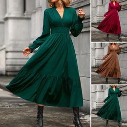 Casual Dresses Women Party Dress V Neck A-line Pleated Patchwork Loose Hem Tight High Waist Solid Color Long Sleeve Mid-calf Length Midi