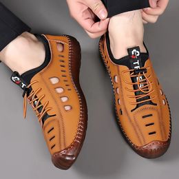 Mens Soft Leather 2024 Summer Men Leather Sandals Breathable Non-slip Cow Tendon Sole Casual Leather Shoes Outdoor Beach Shoes 240426