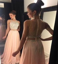 2017 New Elegant Fake Two Pieces Chiffon Long Prom Dresses Sheer Tulle Beaded Stones Top Floor Length Formal Party Evening Dresses8567609