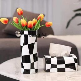 Vases Yj Black And White Checkerboard Tissue Box Electroplating Vase Entry Luxury Home Living Room Flower Arrangement Flowerpot