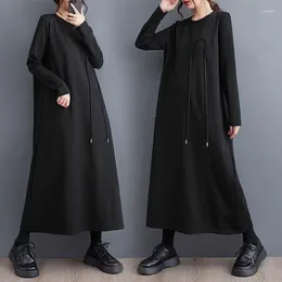 Casual Dresses Clothing Women 2024 Autumn Loose Design Strap Over Knee Long Dress Simple And Versatile Black Z2945