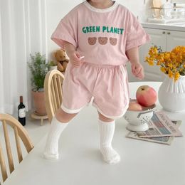 Baby Summer Tracksuits Cute Bear Print Cotton TshirtShort Child Casual Sports Clothes Sets Babies Fashion Set 240426