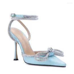 Dress Shoes Spring And Summer Sexy Silk Face Pointed Rhinestone Bow Sandals Sequins Banquet All-match Large Size Stiletto Women's Shoe