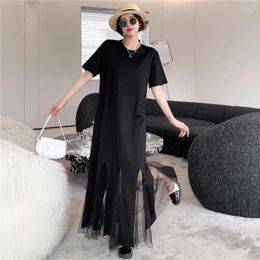 Party Dresses 2024 Summer Loose Plus Size Women's Dot Print Patchwork Mesh Lady T-Shirt Black Dress Female Clothes Robe KE9911