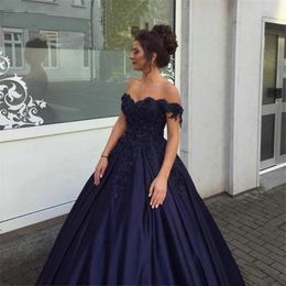 Party Dresses ANGELSBRIEP Sweetheart Navy-Blue Evening Soiree Robe Formal Applique Floor-Length Satin Princess Prom Gowns