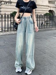 Women's Jeans Wide Leg Women Vintage Summer High Street College Fashion Washed Soft Chic Full Length Daily Drawstring Pesonality Leisure