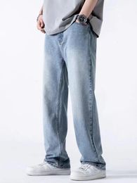 Spring Autumn Mens Jeans Straight Denim Pants Banding Waist Cotton Streetwear Wide Leg Loose Casual Blue Long Trousers 240426