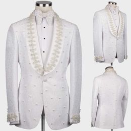 Luxury Men's Wedding Tuxedos Elegant Shawl Lapel Blazer One Button Pearls Groom Prom Party Wedding Birthday Customize Coat