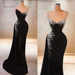 One Shoulder Evening Sexy Dresses Mermaid Black Beading Prom Dress Sleeveless Floor Length Crystal Formal Party Gowns