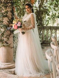 Elegant Long Sleeve Open Back A-Line Wedding Dresses Pearls Beading Appliques Lace Bridal Gowns Robe De Mariee