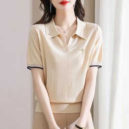 Women's Polos Polo Shirts Knitted Plain Baggy Pink Female Tee Korean Clothing T-shirts Polyester Fashion 2024 Clothes Y2k