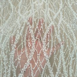 Elegant fashion heavy beading lace fabric with pearls 130cm width wedding gown dress lace fabric sell by yard 240417