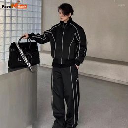 Men's Tracksuits Sports 2 Pcs Set Men High Street Stripe Sportswear Short Jacket Loose Wide-leg Pant Casual Retro Streetwear Unisex Suit