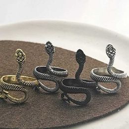Band Rings Charming Snake Ring Black Adjustable Stainless Steel Ring Mens Vintage Punk Hip Hop Rock Jewellery Accessories Gift Q240427