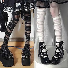 Sexy Socks Sexy bandage lace stockings for womens Lolita JK ultra-thin transparent crystal silk stockings Y2k punk thick knee high socks Q240427