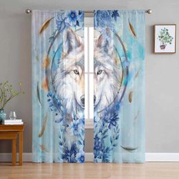 Curtain Watercolour Wolf Flower Feather Snowflake Blue Voile Sheer Curtains Living Room Window Tulle Bedroom Drapes Home Decor