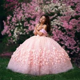 Pink Lace Ball Gown Light Flower Girls 2020 Off The Shoulder Ruched Kids Formal Wear Floor Length Hand Made Flowers Dresses Bc2689 s