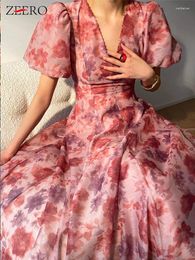 Party Dresses Summer Women Elegant Pink Floral Print A Line Midi Dress Vintage Francais Vestidos Elbise Lady Clothings