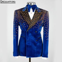 Royal Blue Two Pieces Men Suits Gold Beading Crystal Evening Party Blazer Groom Wear ( Jacket + Pants )
