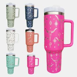 40 oz thermos cup with handle and straw lid stainless steel insulated travel outdoor laser goat 6 Colours 240425
