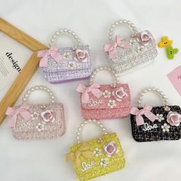 Pearl Kids Crossbody Bag Money Coin Purse Fashion Handbag Children Princess Shoulder Messenger Bowknot Pocket Pack 240425