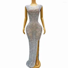 Stage Wear Luxurious Silver Rhinestones Long Train Sleeveless Dress Birthday Celebrate Outfit Evening Singer Performance Poshoot