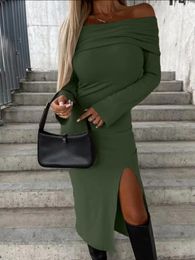 Casual Dresses Elegant Women Solid Side Slit Slim Long Sleeve Off Shoulder Mid-Calf Dress Female Slash Neck Patchwork Hollow Out